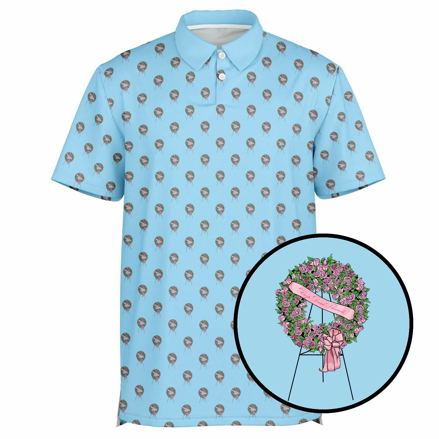 Pink Rose Wreath Easel on Baby Blue - Golf Polo Shirt - death, flowers, Funeral, funeral directing, funeral director, funeral flowers, mortician Polo Shirt