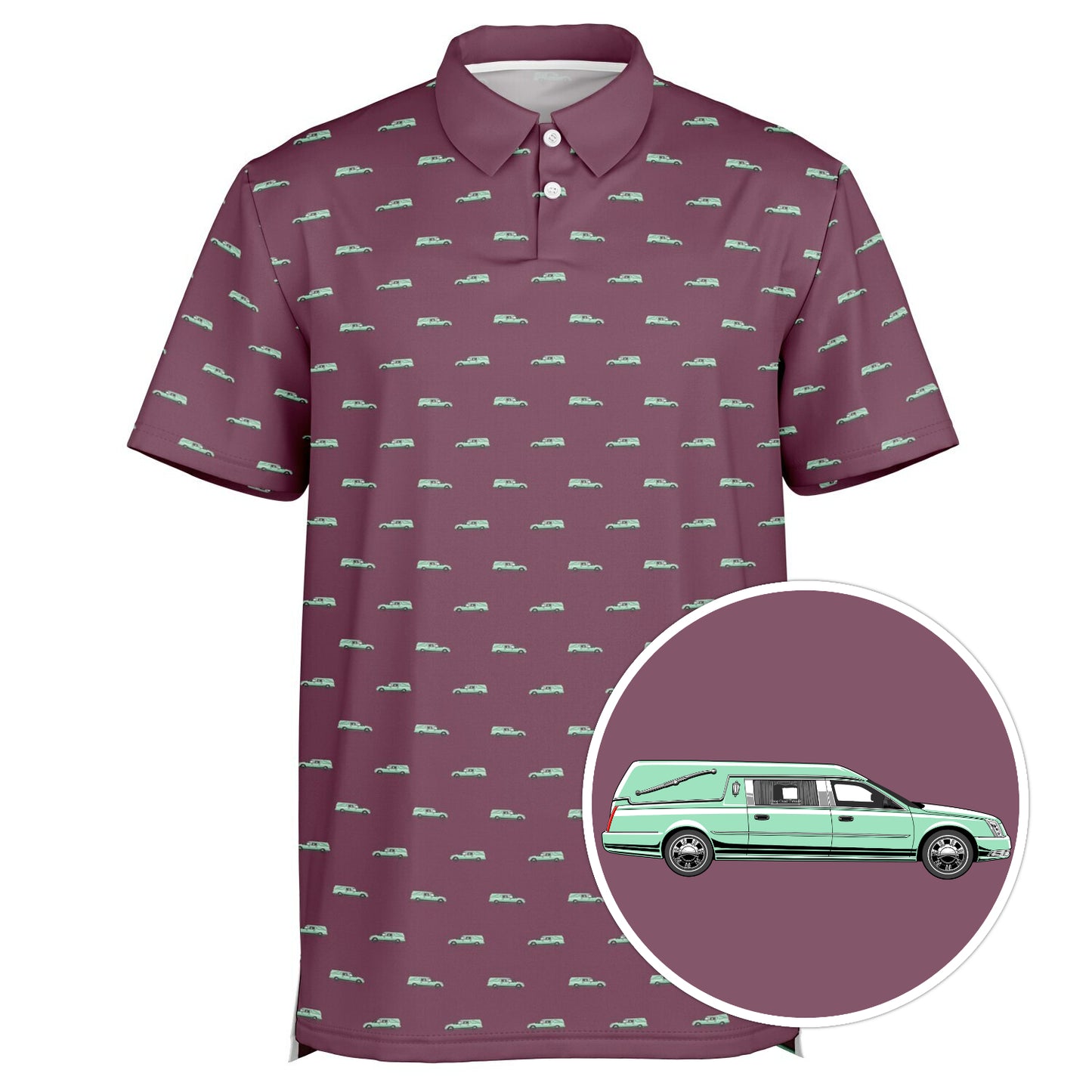 Seafoam Green Hearse on Deep Burgundy - Golf Polo Shirt