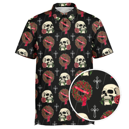 Skull & Red Rose Wreath - Golf Polo Shirt - funeral director, funeral flowers, mortician, roses, skeleton, skull, skulls Polo Shirt