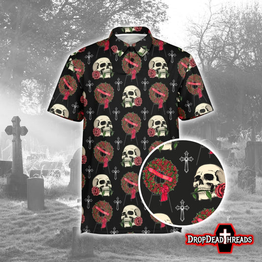 Skull & Red Rose Wreath - Golf Polo Shirt