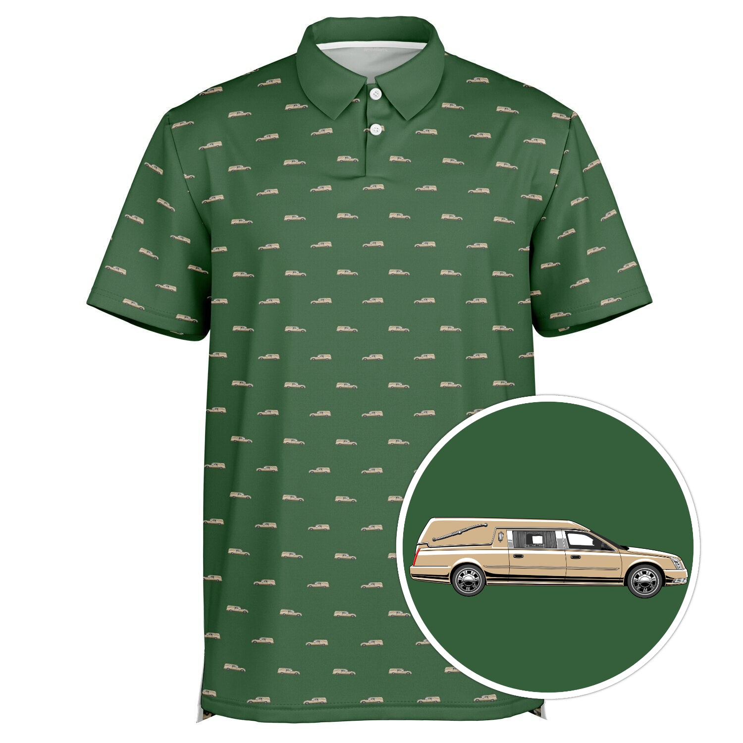 Hunter green polo with tan hearse pattern