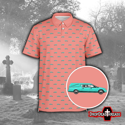 Turquoise Hearse on Coral - Golf Polo Shirt
