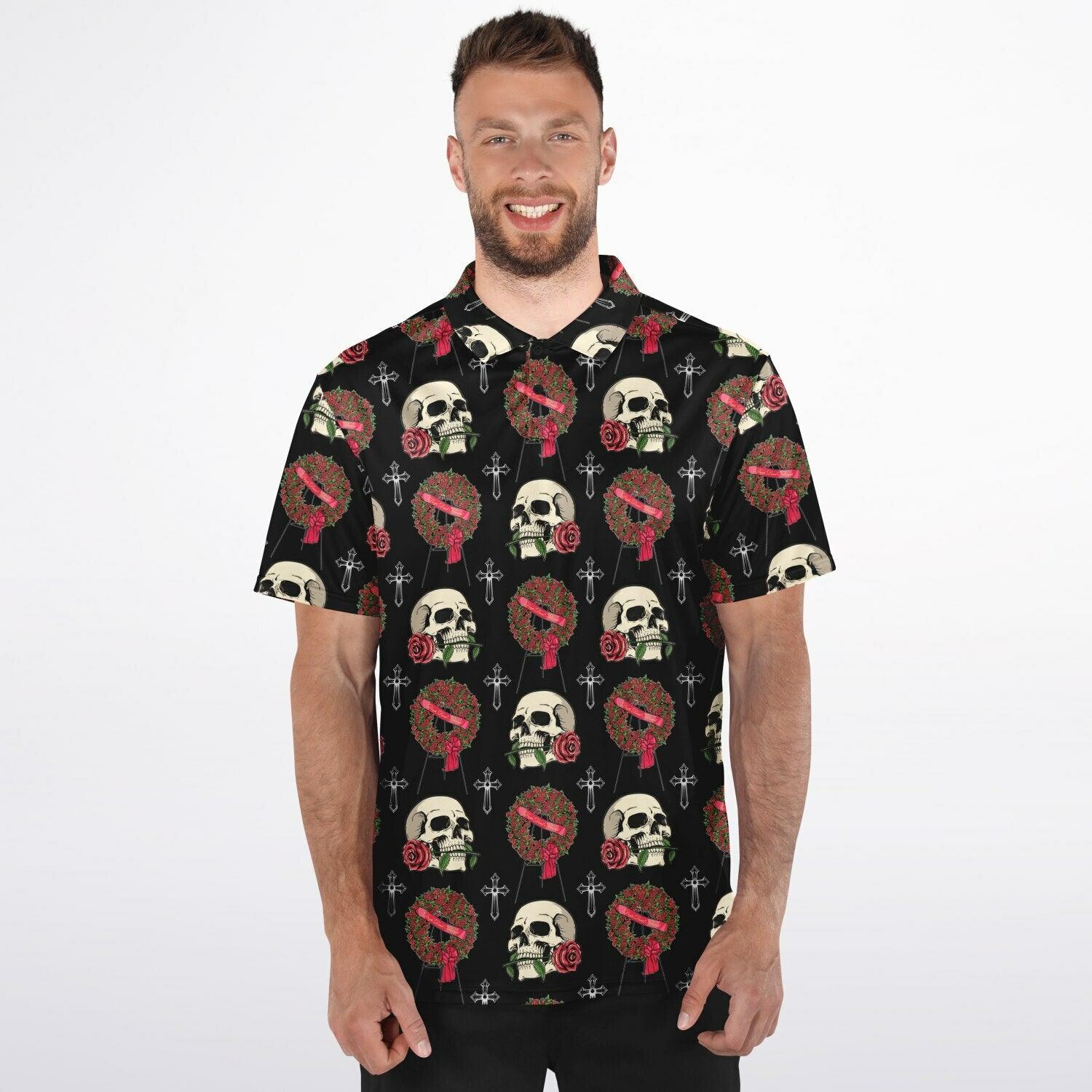 Skull & Red Rose Wreath - Golf Polo Shirt - funeral director, funeral flowers, mortician, roses, skeleton, skull, skulls Polo Shirt