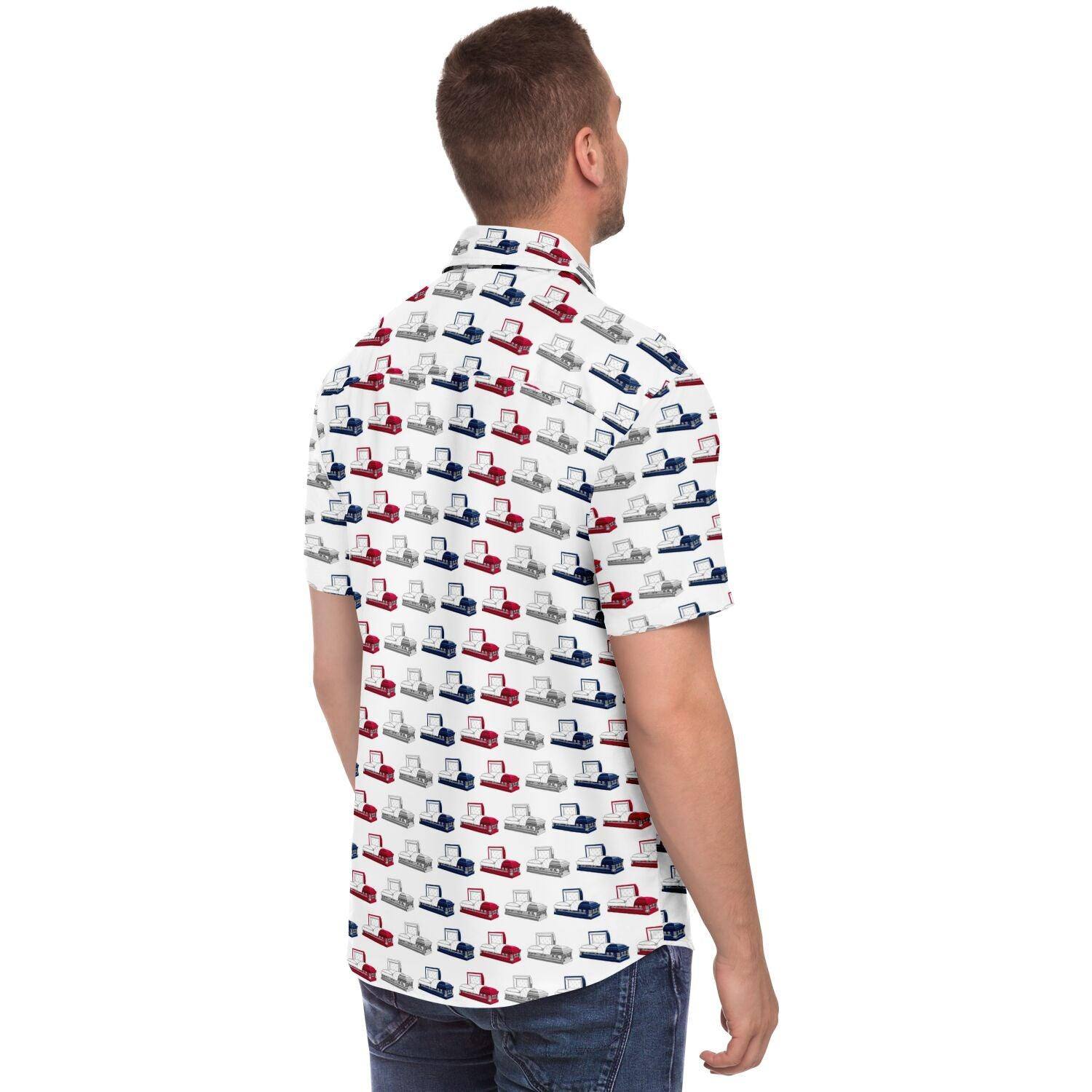 Patriotic Casket - Button Up - america, button down, casket, Coffin, funeral director, patriotic Short Sleeve Button Down Shirt - AOP