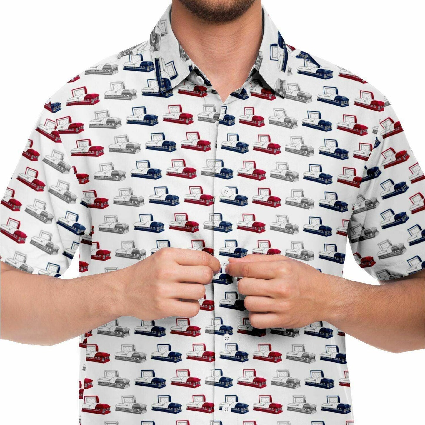 Patriotic Casket - Button Up - america, button down, casket, Coffin, funeral director, patriotic Short Sleeve Button Down Shirt - AOP