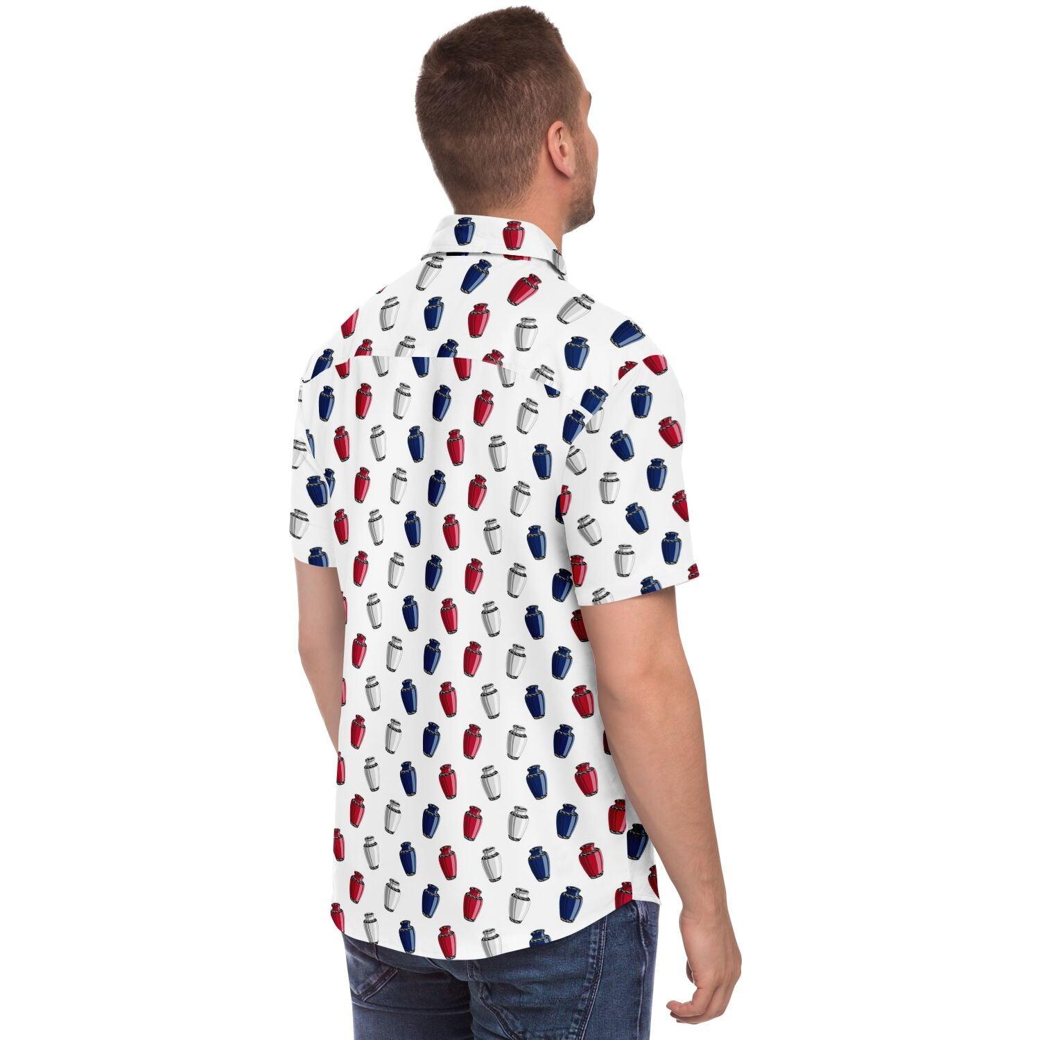 AmericURN - Button Up Tee - america, americana, cremation, cremation urn, funeral director, mortician, Patriotic, USA Short Sleeve Button Down Shirt