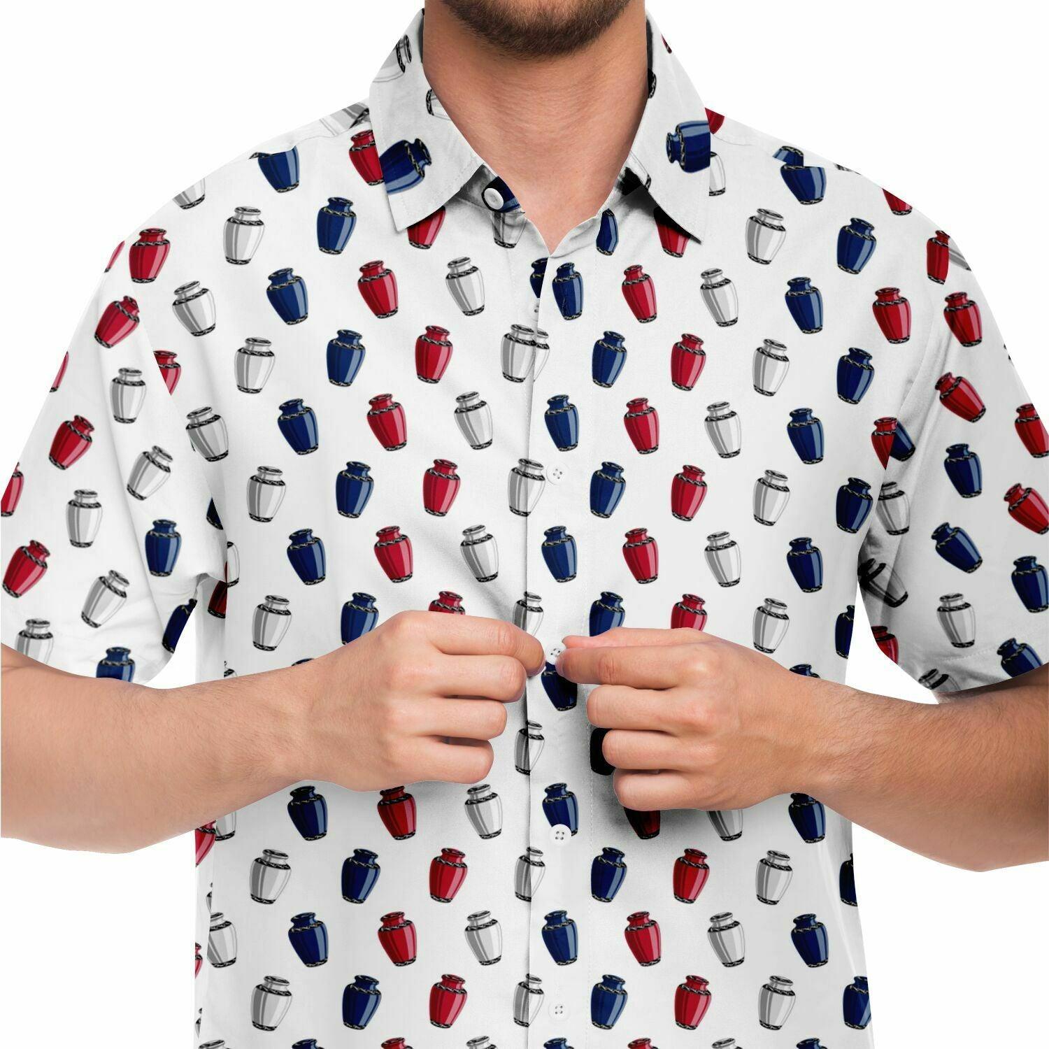 AmericURN - Button Up Tee - america, americana, cremation, cremation urn, funeral director, mortician, Patriotic, USA Short Sleeve Button Down Shirt