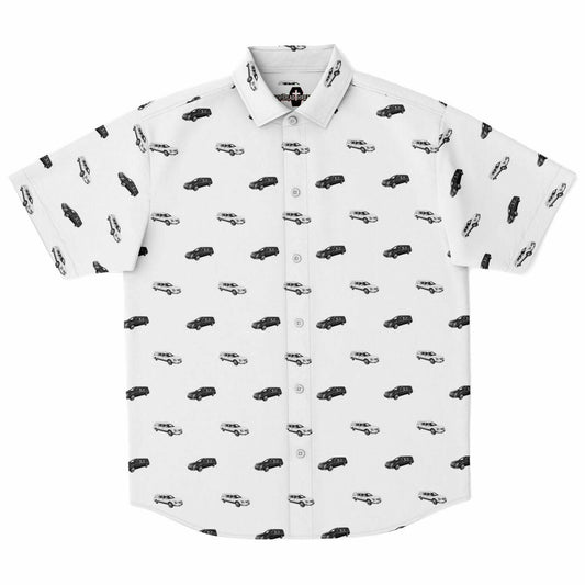 Black & White Hearse - Button Up Tee - button down, Funeral, Hearse Short Sleeve Button Down Shirt - AOP