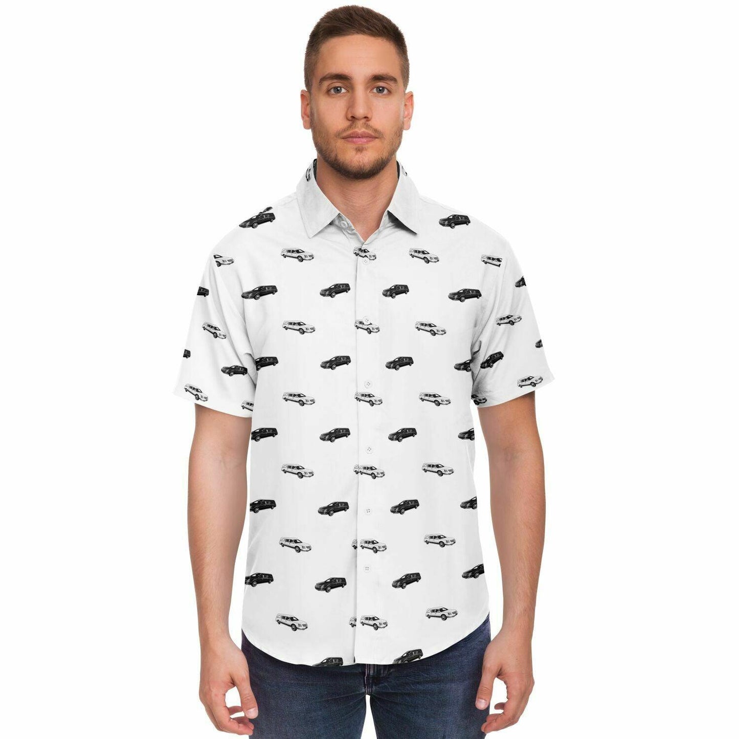 Black & White Hearse - Button Up Tee - button down, Funeral, Hearse Short Sleeve Button Down Shirt - AOP