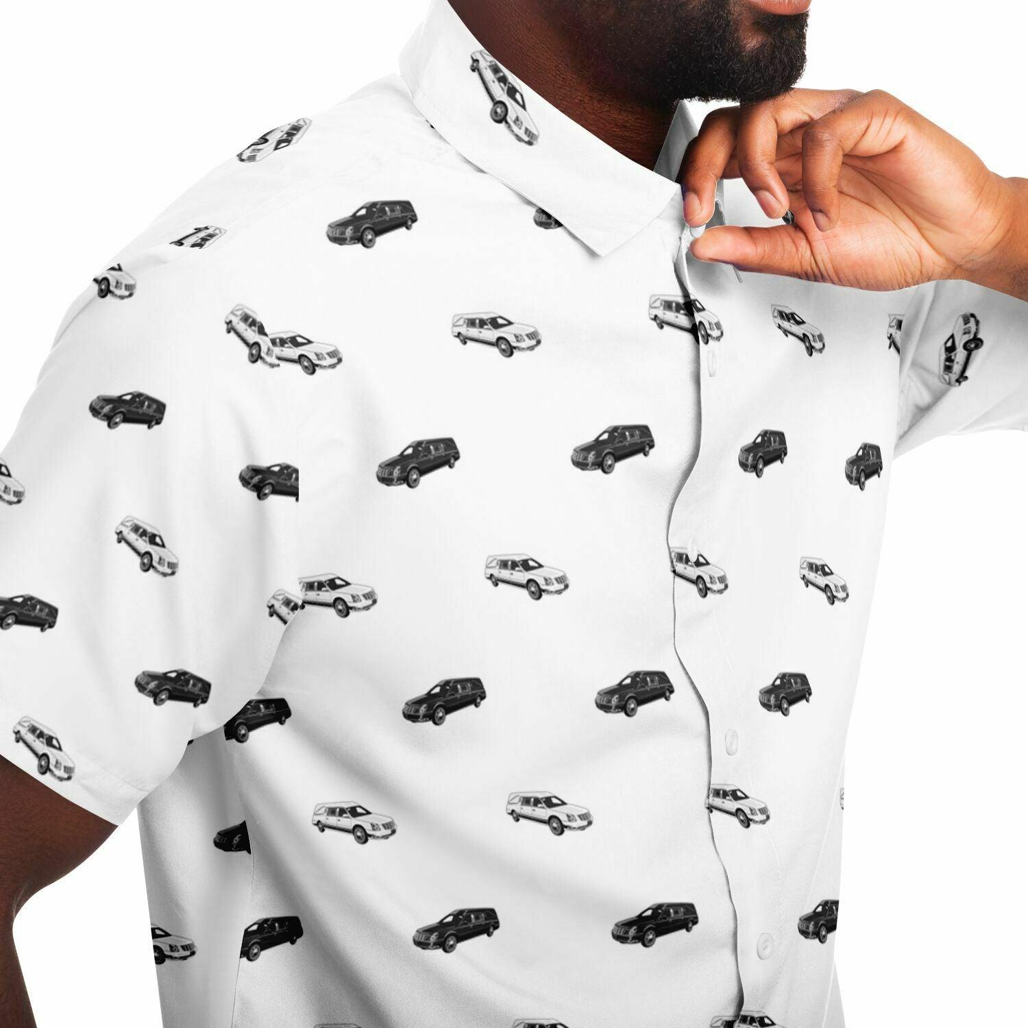 Black & White Hearse - Button Up Tee - button down, Funeral, Hearse Short Sleeve Button Down Shirt - AOP