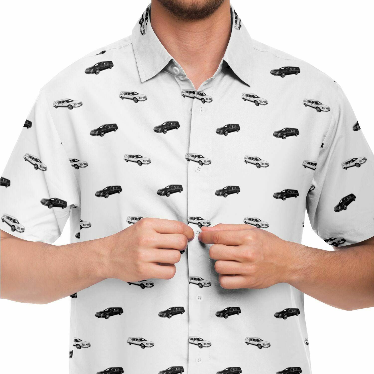 Black & White Hearse - Button Up Tee - button down, Funeral, Hearse Short Sleeve Button Down Shirt - AOP