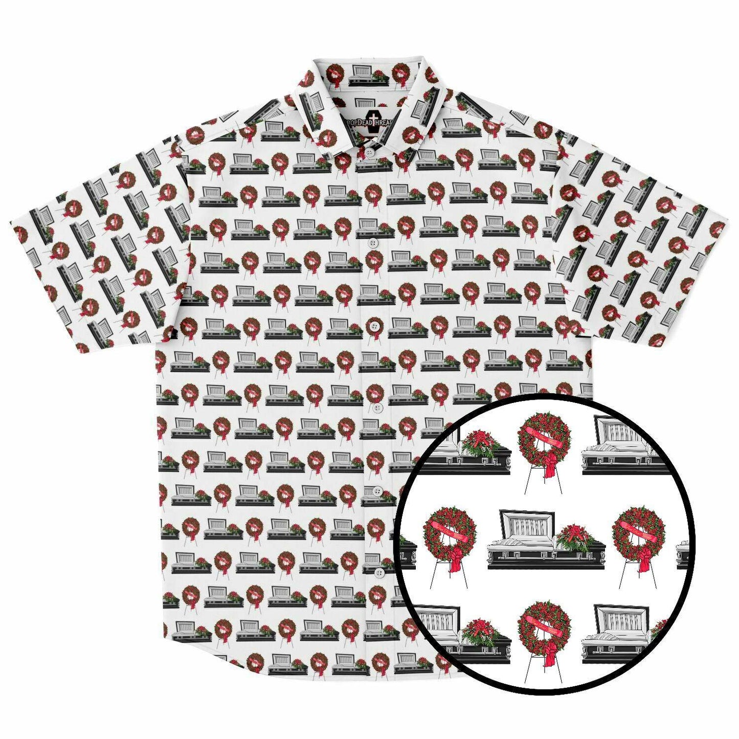 Black Casket with Red Rose Wreath - Button Up Tee - button down, casket, Coffin, death, Funeral Short Sleeve Button Down Shirt - AOP