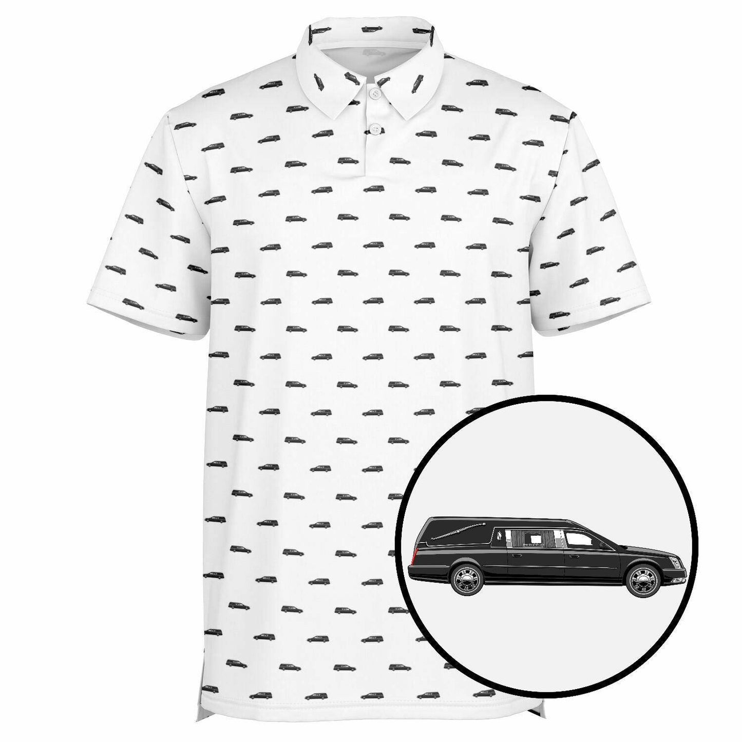 Black Hearse on White - Golf Polo Shirt - death, Funeral, golf, Hearse Polo Shirt - AOP