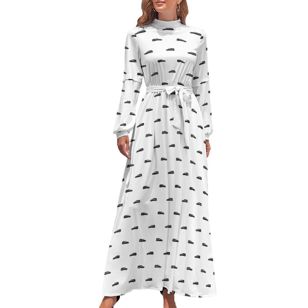 Black Hearse on White - High Collar Long Sleeve Dress - 