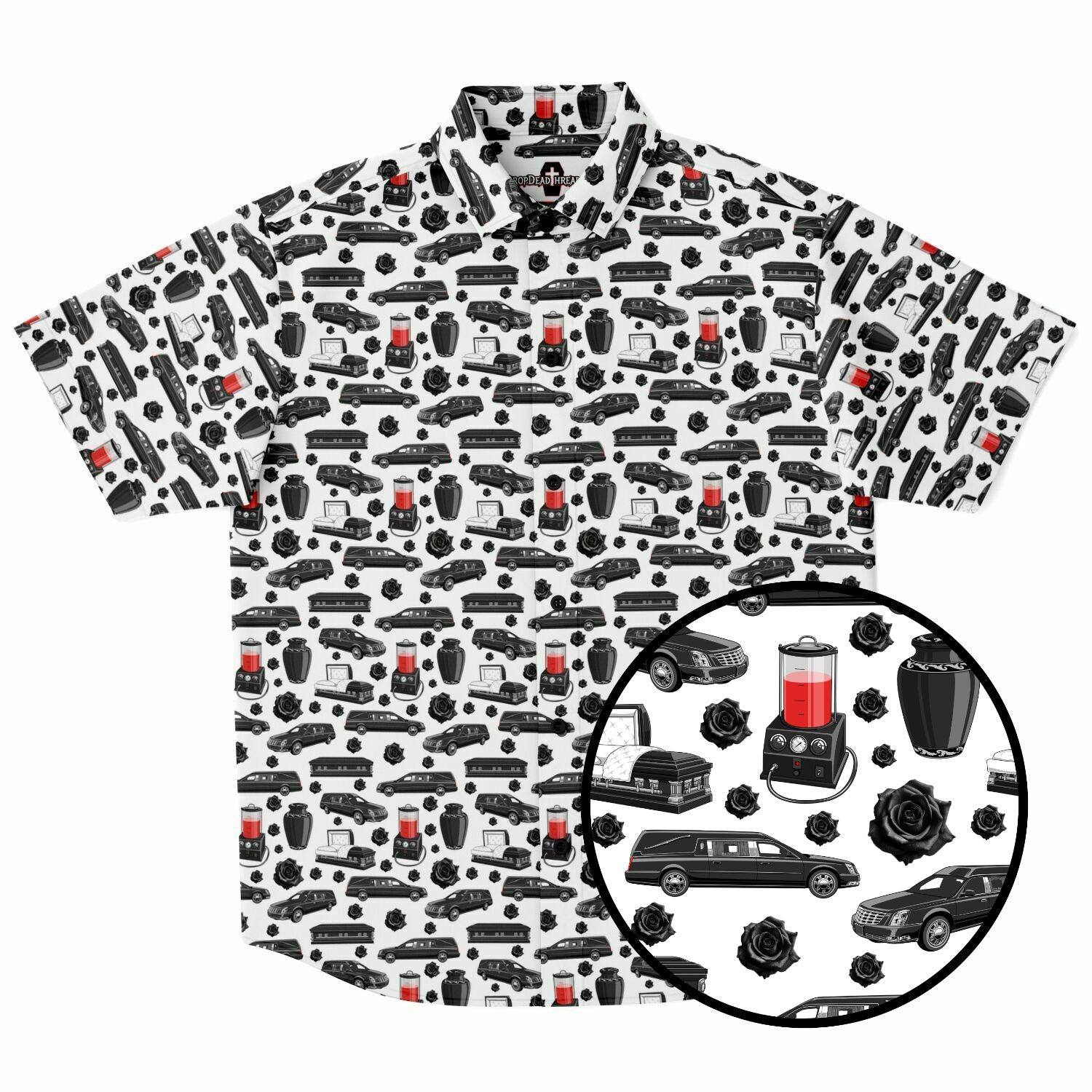 White short sleeve button up tee shirt with black funeral pattern: hearse, coffin, casket, cremation urn, embalming machine, for mortician