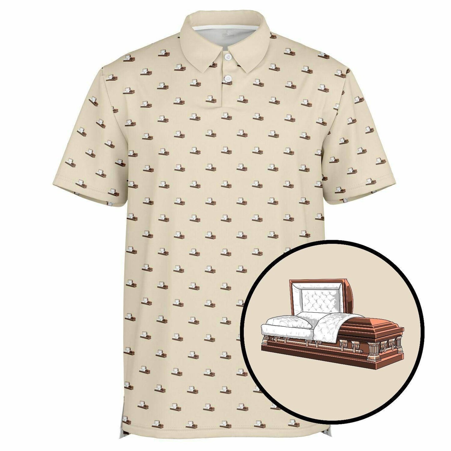 Brown Open Casket on Almond - Golf Polo Shirt - Casket, Coffin, death, Funeral, golf, polo Polo Shirt - AOP