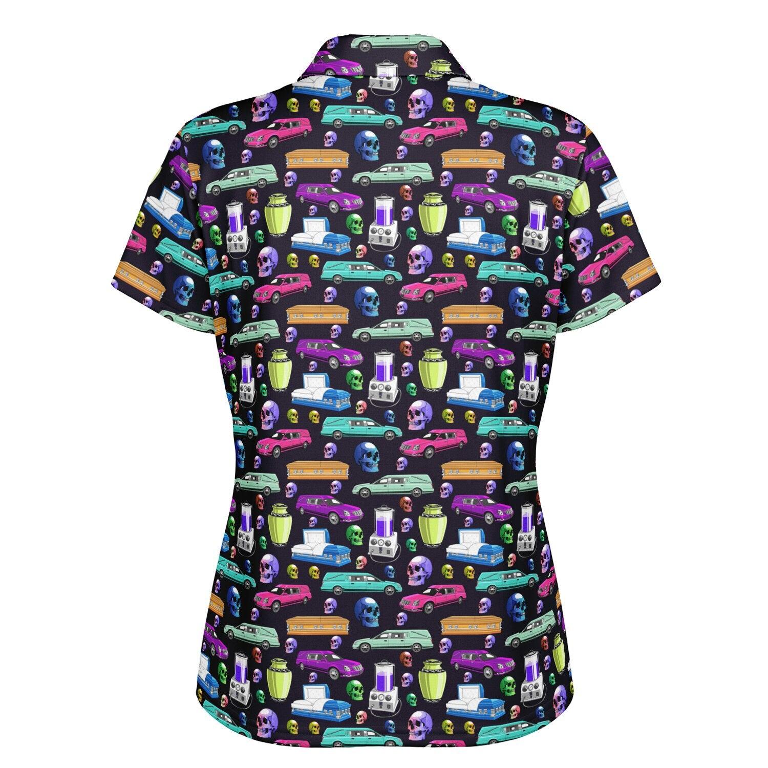 Death of the Party on Dead Purple - Golf Polo - Casket, coach, Coffin, embalmer, embalming machine, Funeral, Hearse, mortician, skull, skulls, Urn Polo Shirt