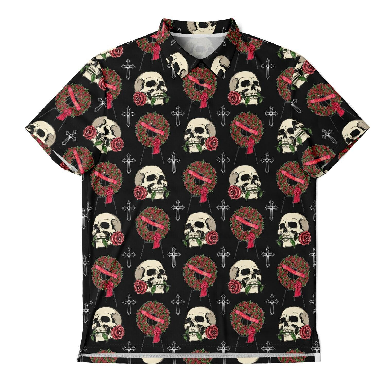 Skull & Red Rose Wreath - Golf Polo Shirt - funeral director, funeral flowers, mortician, roses, skeleton, skull, skulls Polo Shirt