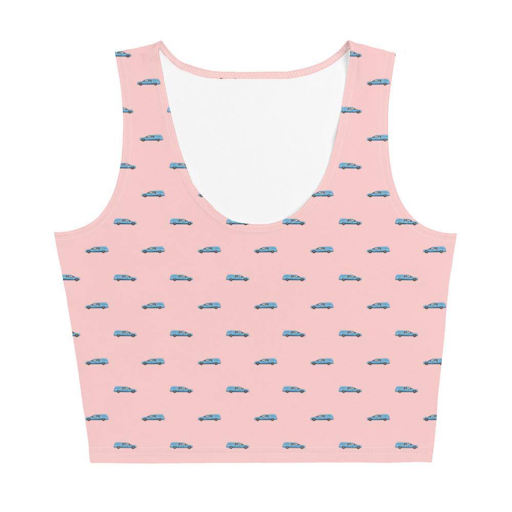 Crop Top - Light Blue Hearse on Pink - death, funeral, hearse 