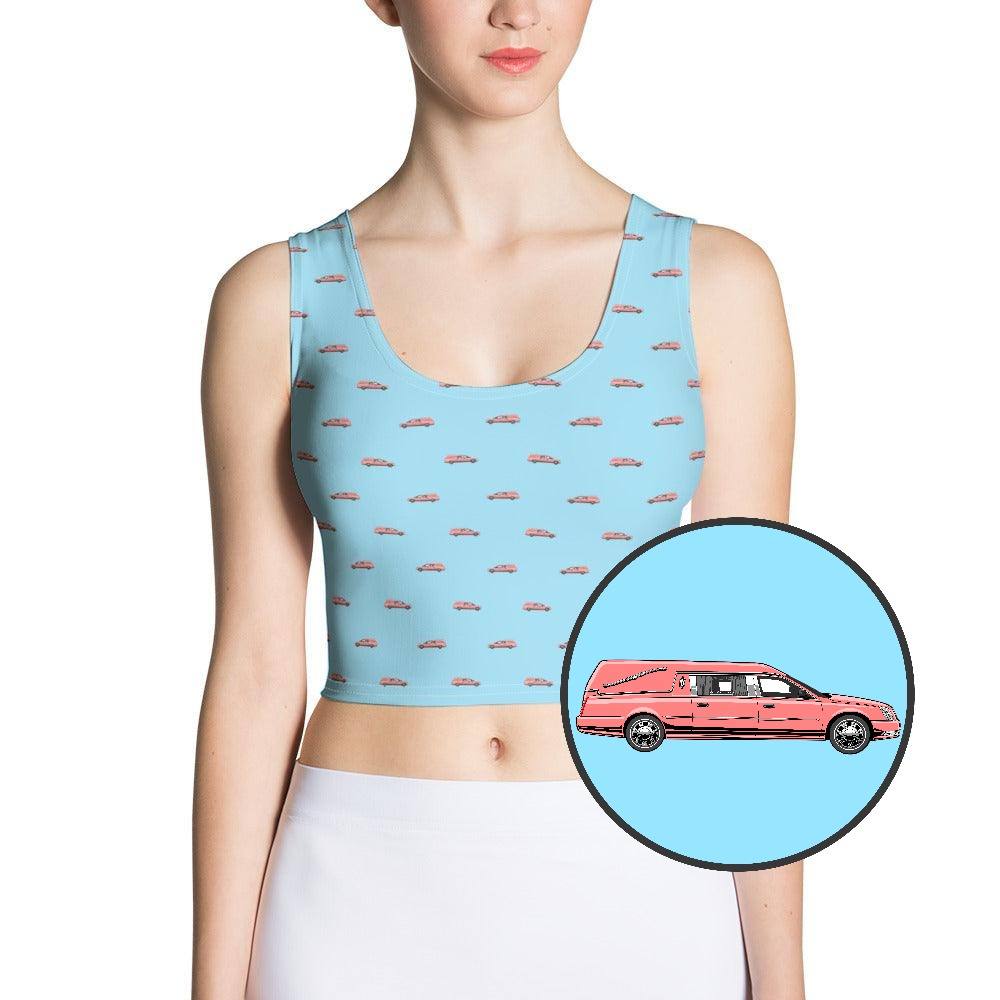 Crop Top - Pink Hearse on Baby Blue - death, funeral, hearse 