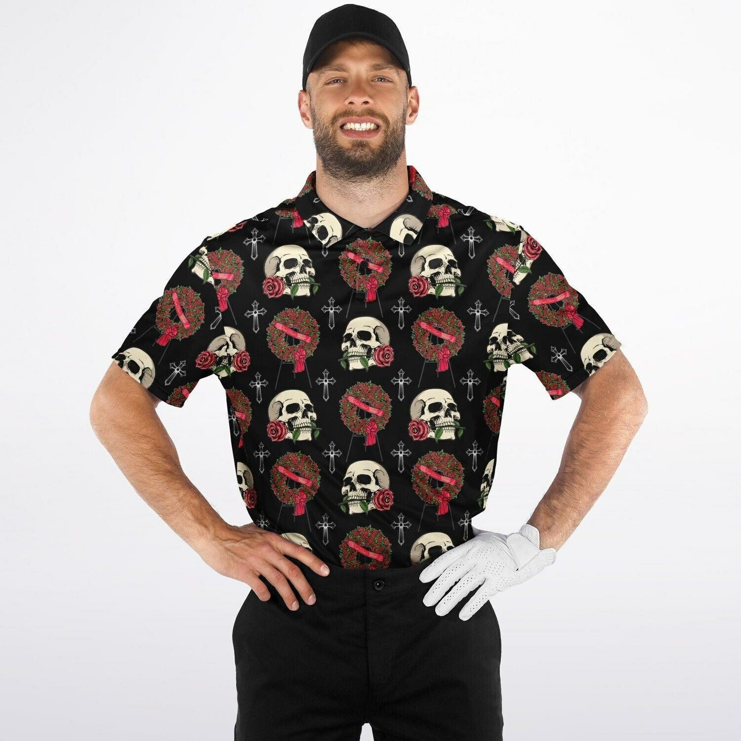 Skull & Red Rose Wreath - Golf Polo Shirt - funeral director, funeral flowers, mortician, roses, skeleton, skull, skulls Polo Shirt