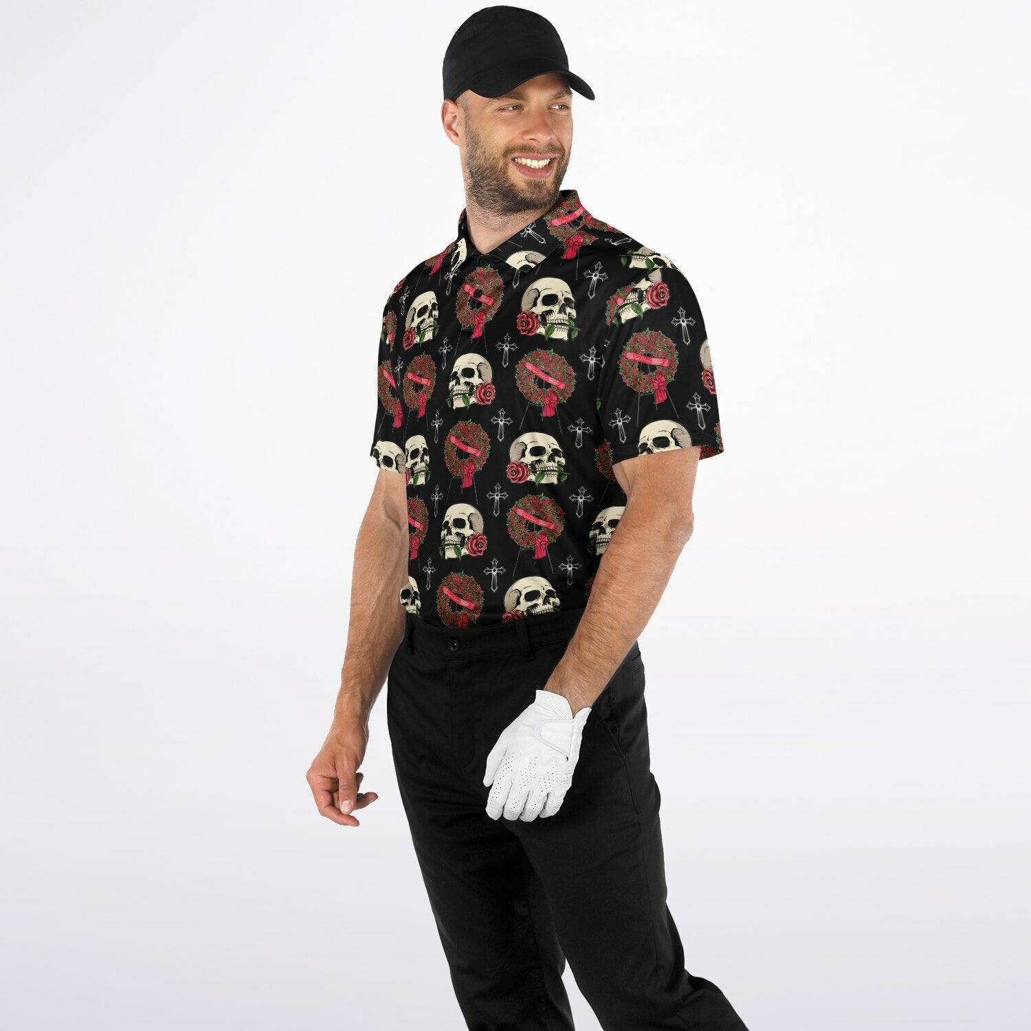 Skull & Red Rose Wreath - Golf Polo Shirt - funeral director, funeral flowers, mortician, roses, skeleton, skull, skulls Polo Shirt