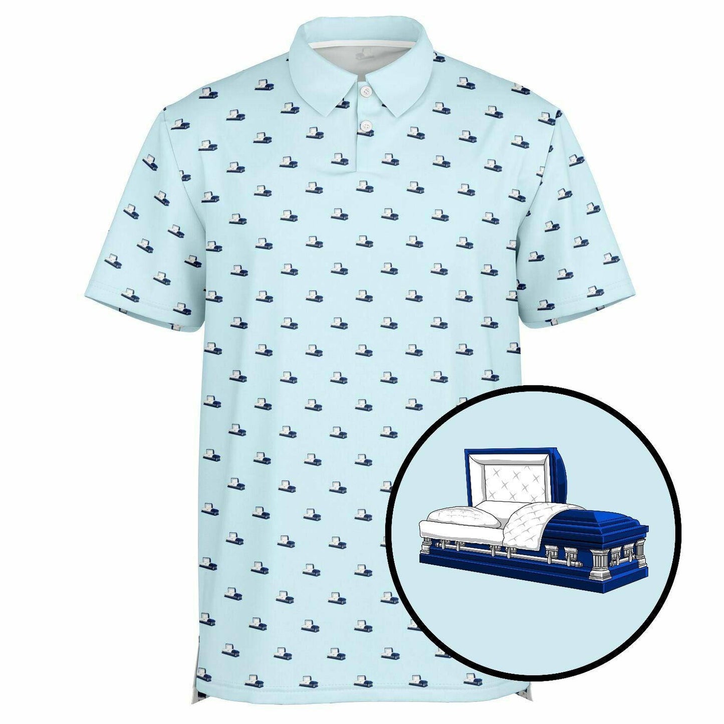 Dark Blue Open Casket on Sky Blue - Golf Polo Shirt - Casket, Coffin, death, Funeral Polo Shirt - AOP