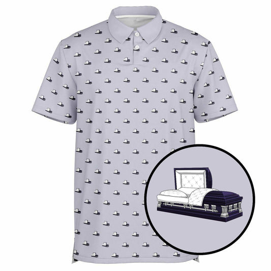 Dark Purple Open Casket on Light Purple Grey - Golf Polo Shirt - Casket, Coffin, death, Funeral Polo Shirt - AOP