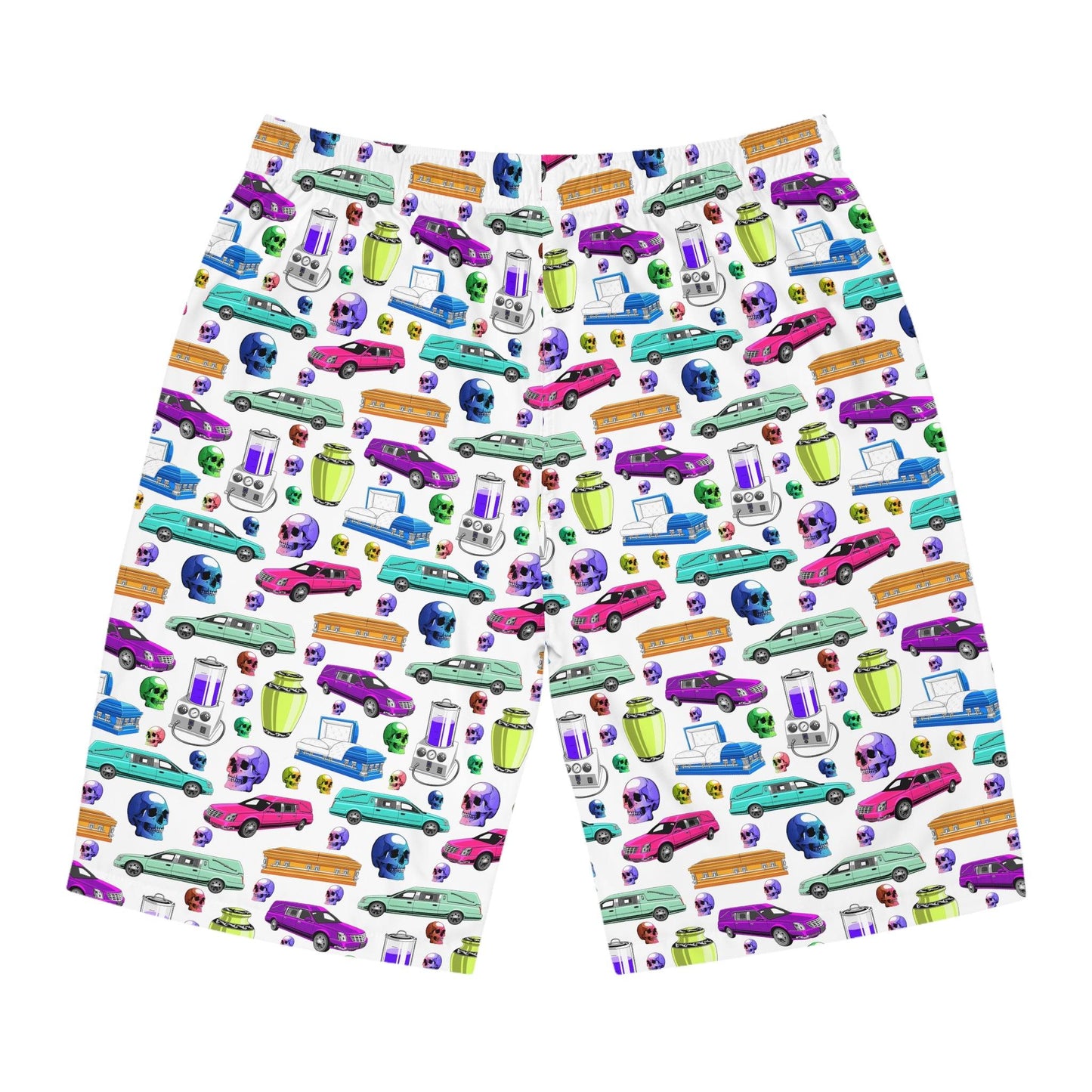 Death of the Party - Board Shorts - All Over Print, AOP, AOP Clothing, Bottoms, casket, coffin, death positive, embalmer, funeral director, Men's Bottoms, Men's Clothing, mortician, skull, skulls, Sports, Sportswear, Sublimation, Swimwear board shorts