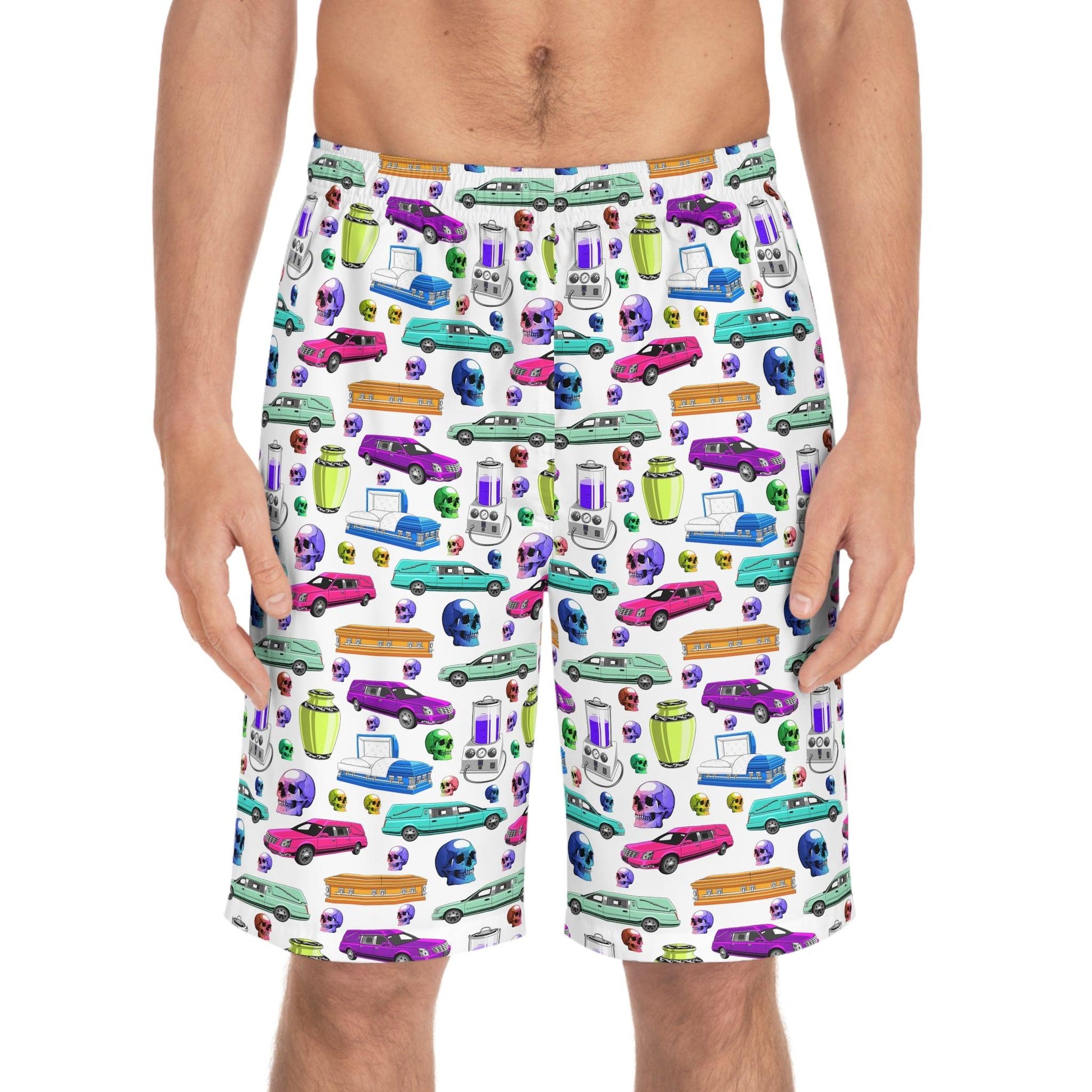 Death of the Party - Board Shorts - All Over Print, AOP, AOP Clothing, Bottoms, casket, coffin, death positive, embalmer, funeral director, Men's Bottoms, Men's Clothing, mortician, skull, skulls, Sports, Sportswear, Sublimation, Swimwear board shorts