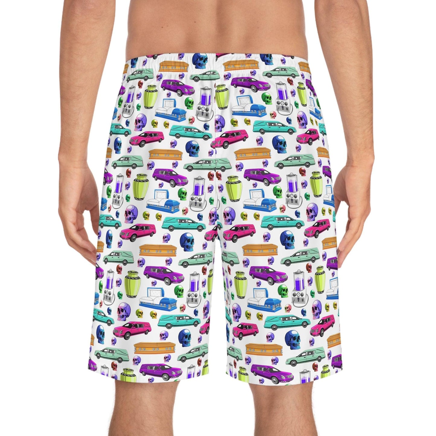 Death of the Party - Board Shorts - All Over Print, AOP, AOP Clothing, Bottoms, casket, coffin, death positive, embalmer, funeral director, Men's Bottoms, Men's Clothing, mortician, skull, skulls, Sports, Sportswear, Sublimation, Swimwear board shorts