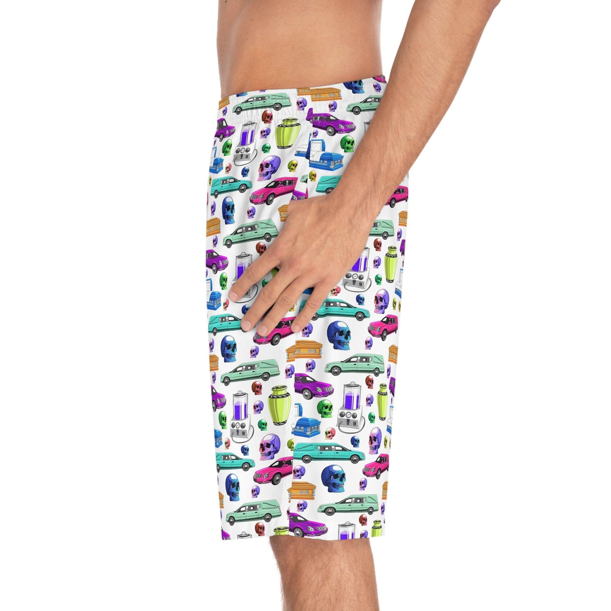 Death of the Party - Board Shorts - All Over Print, AOP, AOP Clothing, Bottoms, casket, coffin, death positive, embalmer, funeral director, Men's Bottoms, Men's Clothing, mortician, skull, skulls, Sports, Sportswear, Sublimation, Swimwear board shorts