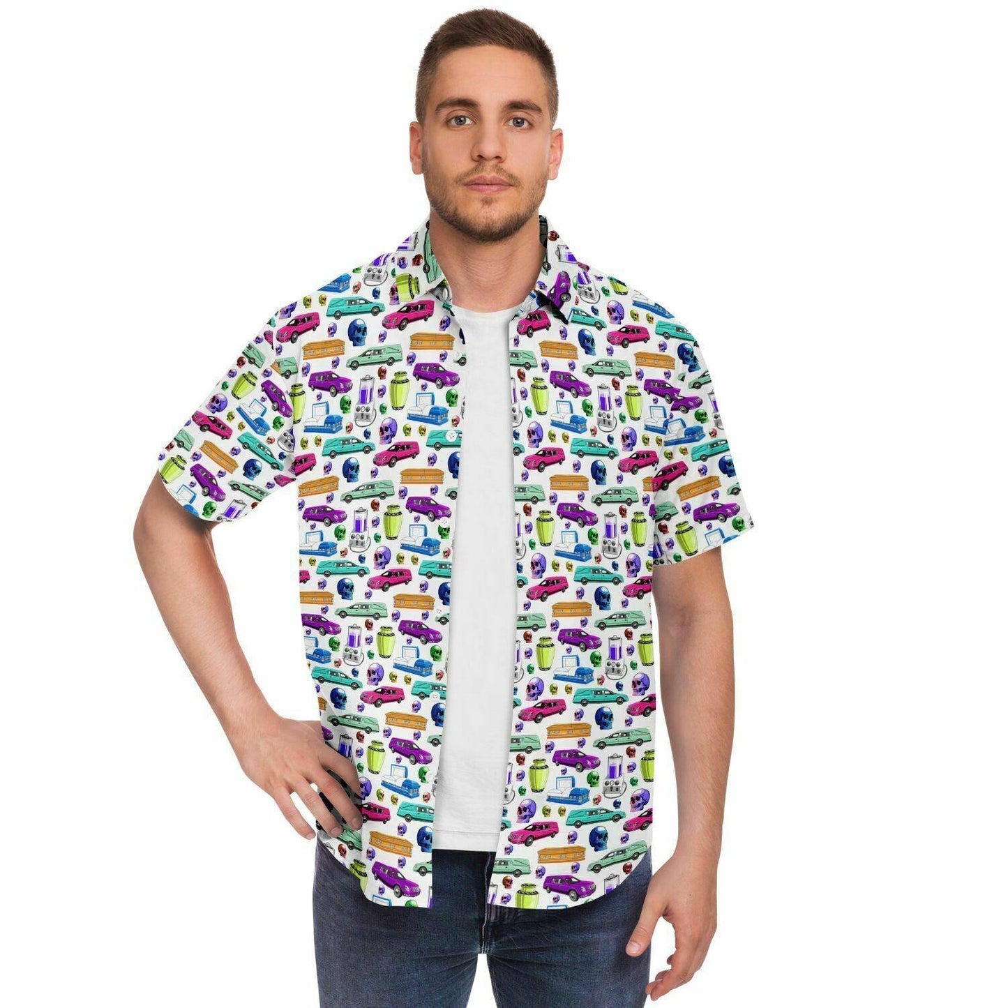 Death of the Party - Button Up Tee - button down, Casket, Coffin, cremation, death, embalming, Funeral, funeral director, funeral flowers, skulls, Urn Short Sleeve Button Down Shirt - AOP