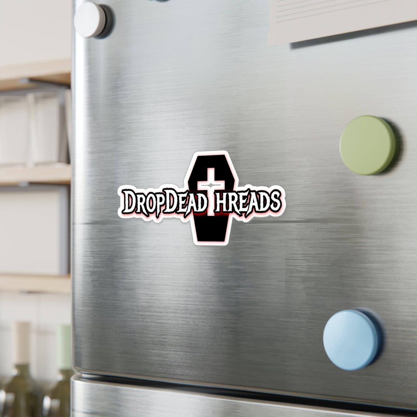 Drop Dead Threads - Vinyl Sticker - Assembled in the USA, Assembled in USA, casket, coffin, death, funeral, goth, hearse, Home & Living, Kiss cut, logo, Made in the USA, Made in USA, Magnets & Stickers, Paper, Satin, Stickers, Vinyl, White base Paper products