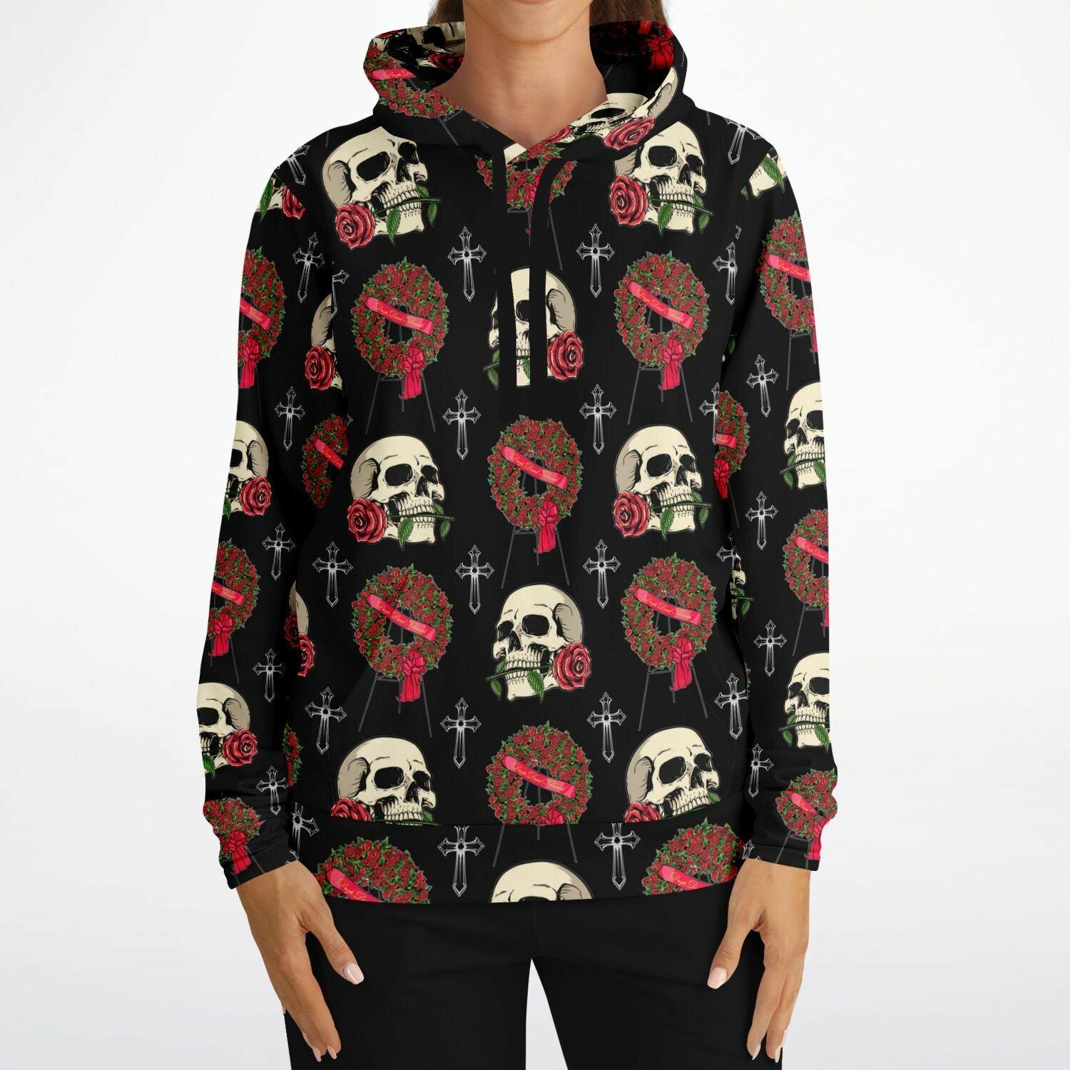 Skull and Red Rose Wreath - Hoodie - flowers, funeral, goth, mortician, roses, skeleton, skull Hoodie