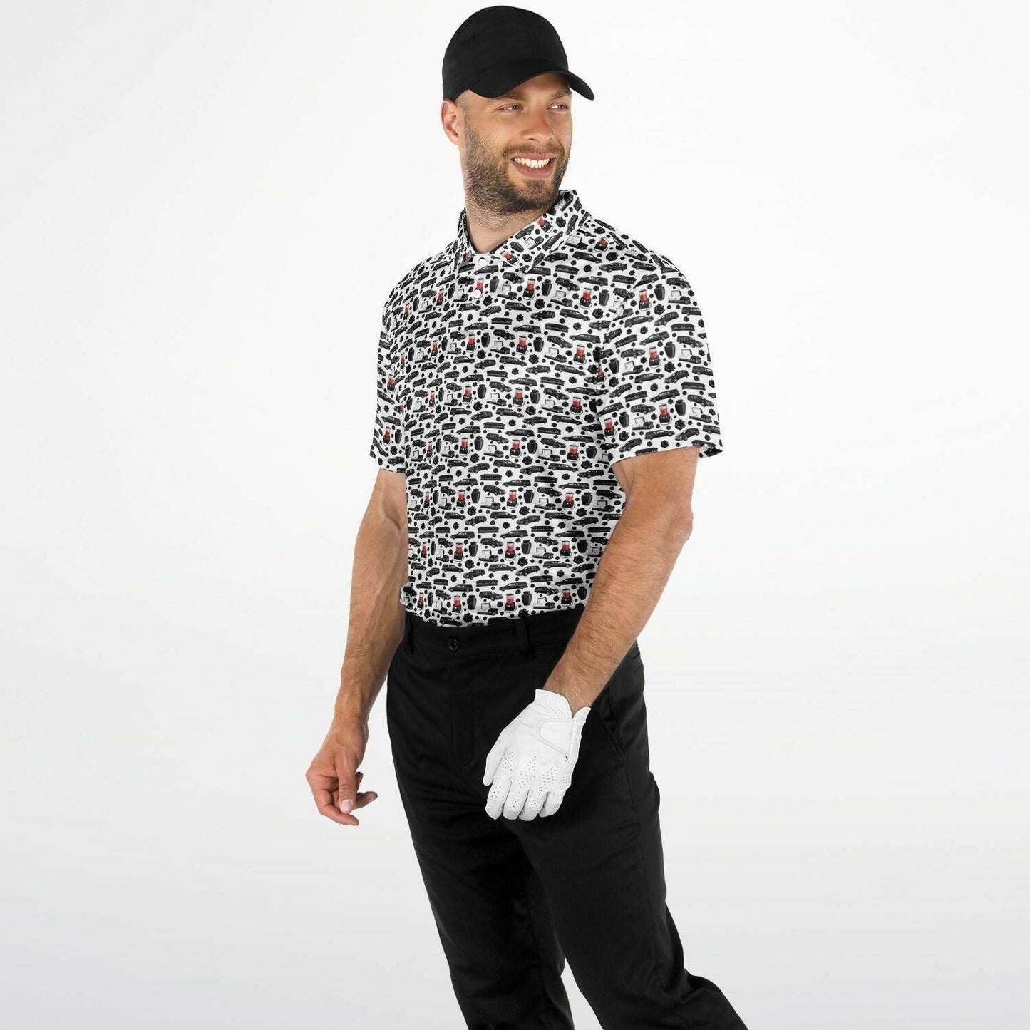 FUNeral Blackout on White - Golf Polo Shirt - Casket, Coffin, death, Embalming, Funeral, golf, Hearse, polo Polo Shirt - AOP