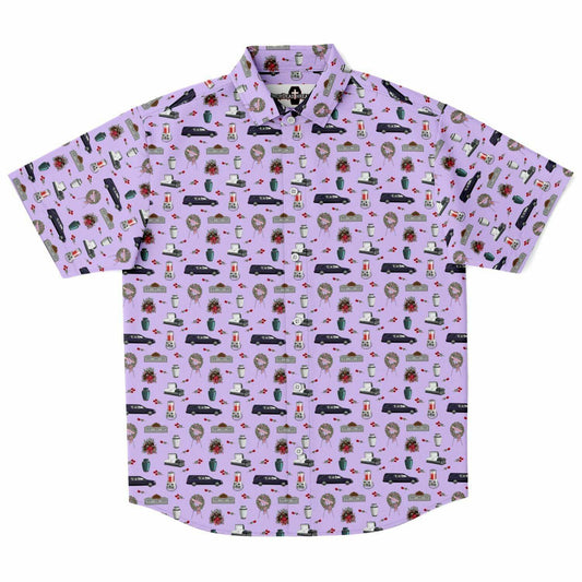 Light purple short sleeve button up tee with purple hearse, embalming machine, silver coffin or casket, pink rose funeral wreath , white cremation urn