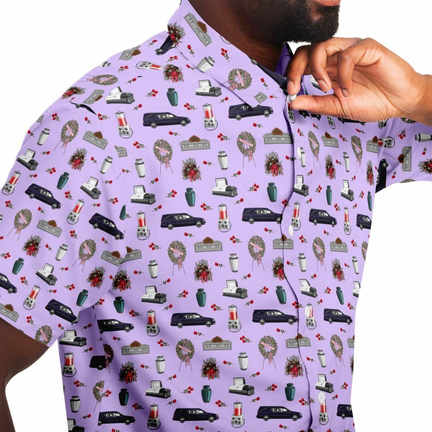 violet button up tshirt with purple hearse, grey silver casket and coffin, white urn, pink rose funeral wreath, red rose pattern