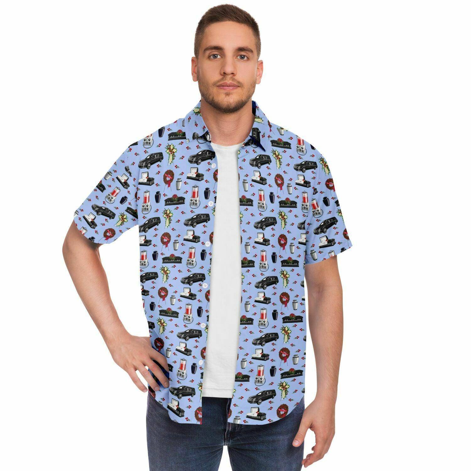 Short sleeve light blue button up shirt with hearse, casket, coffin, urn, embalming machine, funeral flowers, pattern