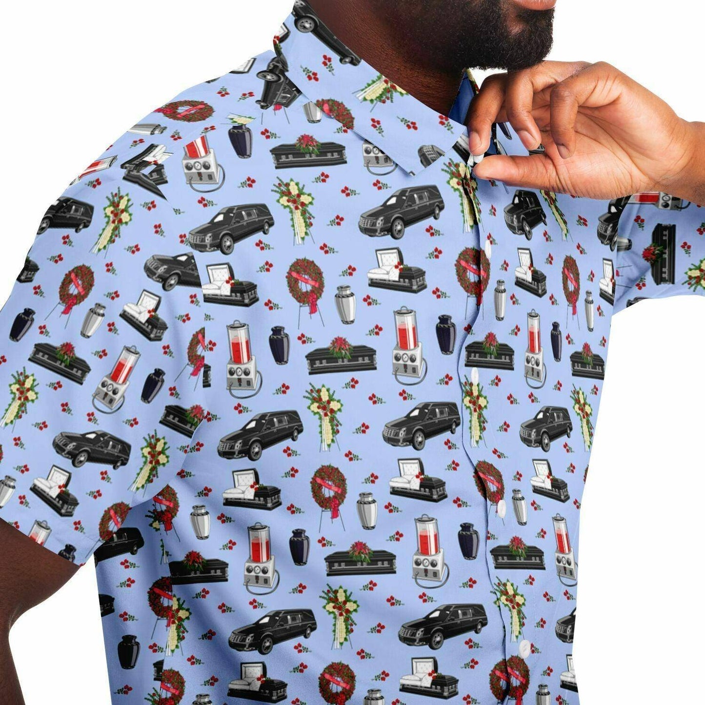 FUNeral - Button Up Tee - button down, Casket, Coffin, Embalming, Funeral, hearse Short Sleeve Button Down Shirt - AOP