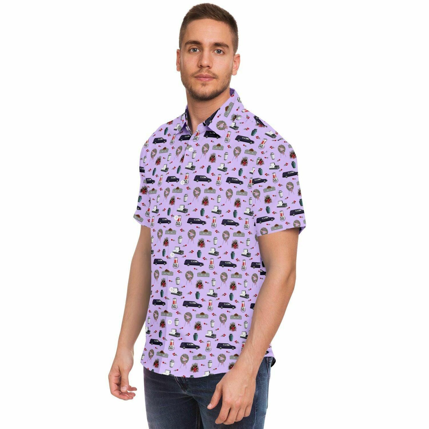 man wearing purple button up tshirt with hearse, coffin, casket, urn, embalming machine, roses, rose flower wreath spray