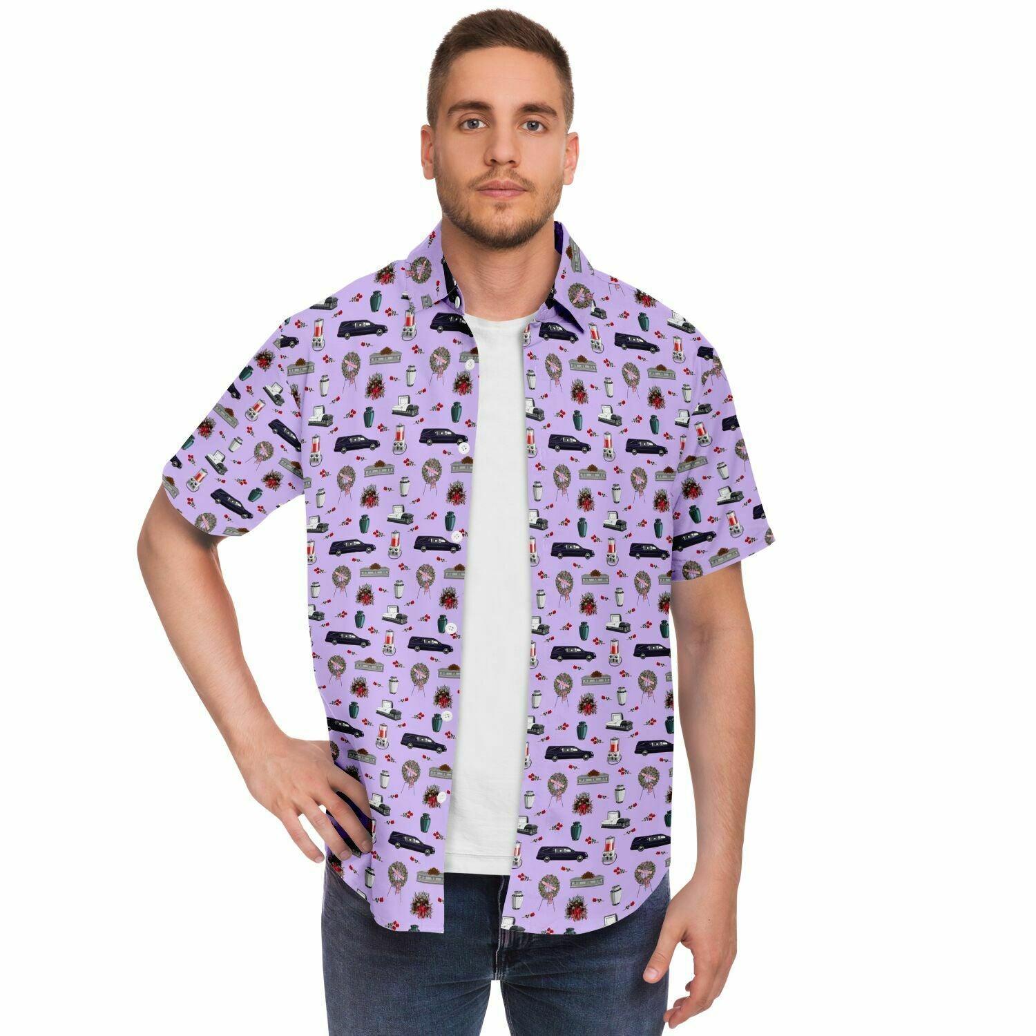 male model wearing open button down tee shirt light purple with dark purple hearse, silver grey casket, white urn, pink rose funeral wreath, pattern