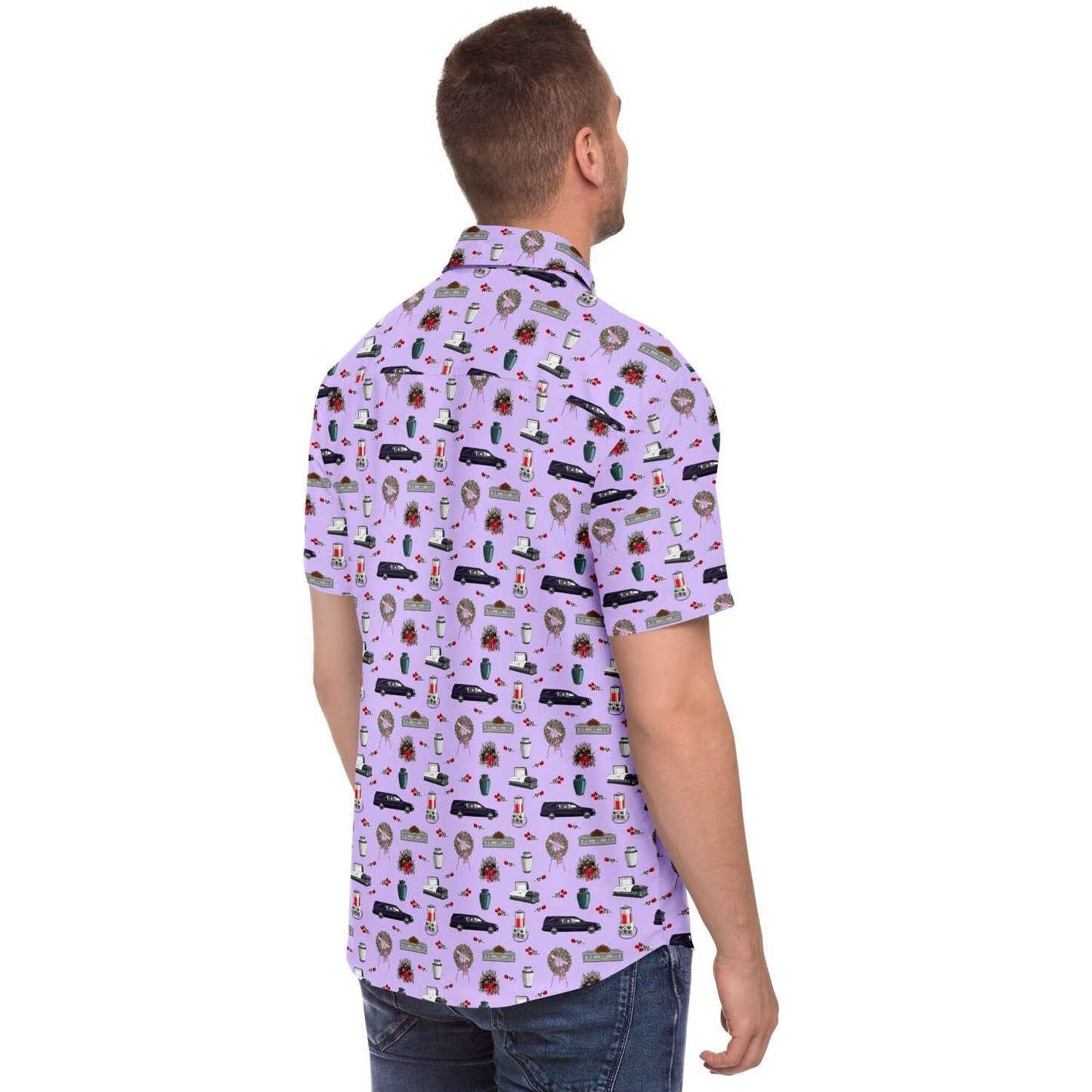 Light purple Short sleeve button up tee shirt , dark violet hearse, grey open casket, metal coffin, spray, rose funeral wreath, urn, embalming machine