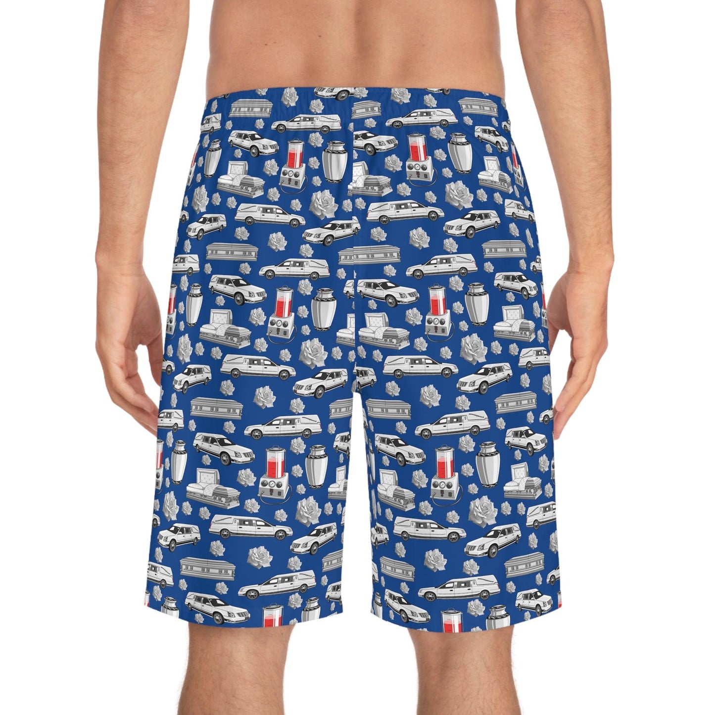 FUNeral Whiteout on Congress Blue - Board Shirts - All Over Print, AOP, AOP Clothing, Bottoms, casket, coffin, cremation urn, death positive, funeral director, hearse, Men's Bottoms, Men's Clothing, mortician, Sports, Sportswear, Sublimation, Swimwear board shorts