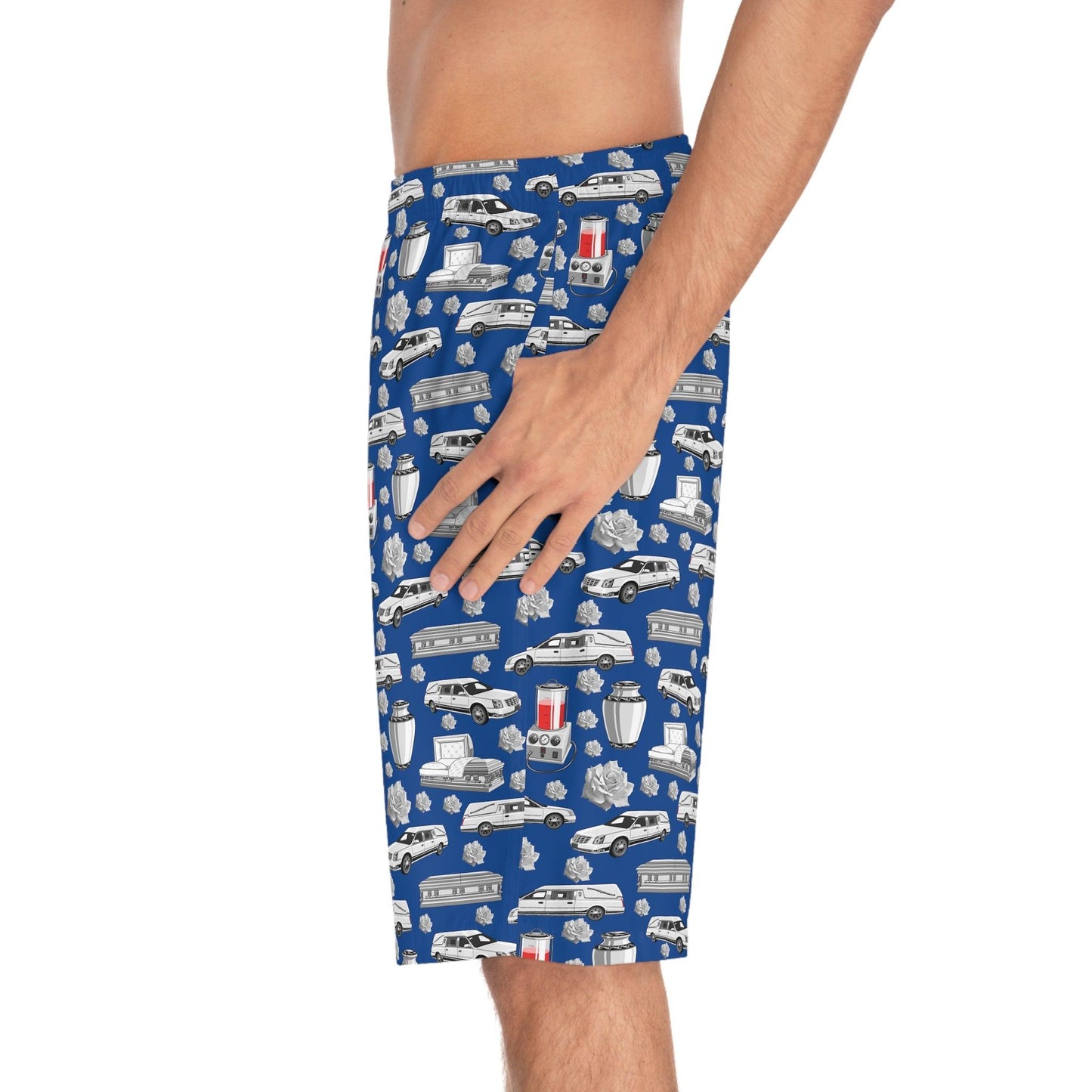 FUNeral Whiteout on Congress Blue - Board Shirts - All Over Print, AOP, AOP Clothing, Bottoms, casket, coffin, cremation urn, death positive, funeral director, hearse, Men's Bottoms, Men's Clothing, mortician, Sports, Sportswear, Sublimation, Swimwear board shorts