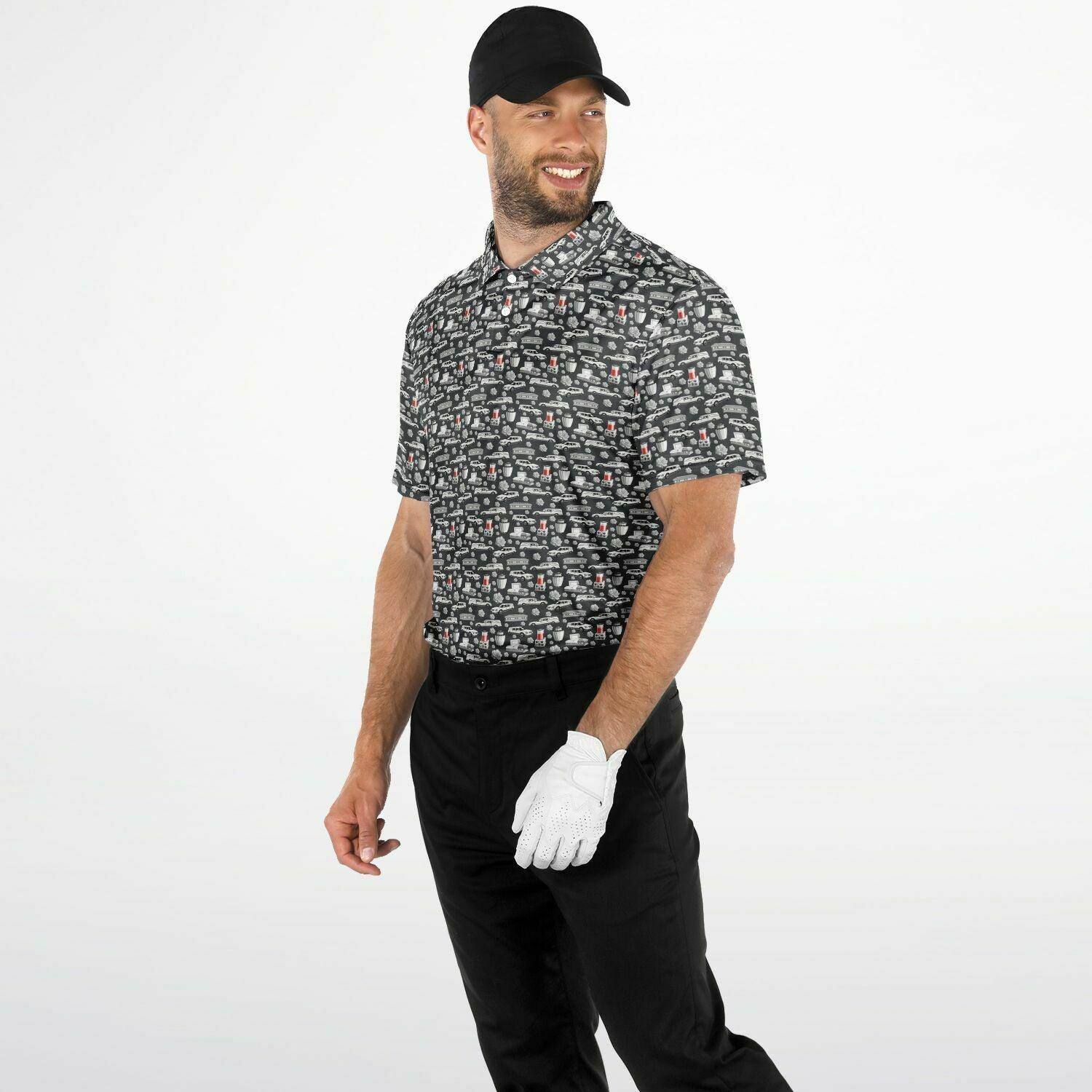 FUNeral Whiteout on Steel Grey - Golf Polo Shirt - Casket, Coffin, death, embalming, Funeral, Hearse Polo Shirt - AOP