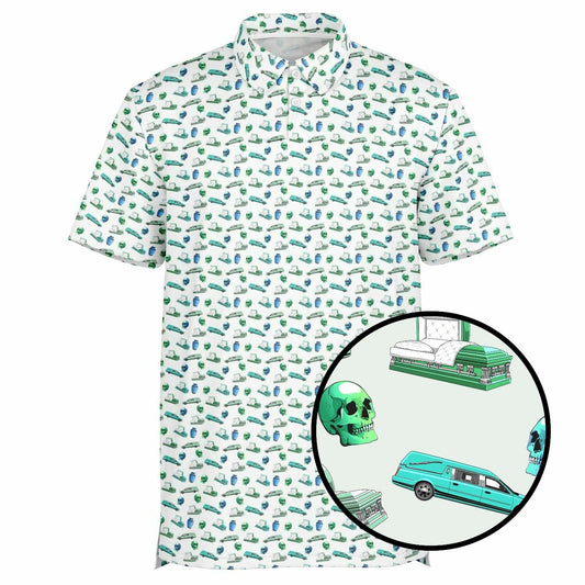 White golf polo with sea foam green, emerald, casket, coffin, hearse, skull, cremation urn, pattern