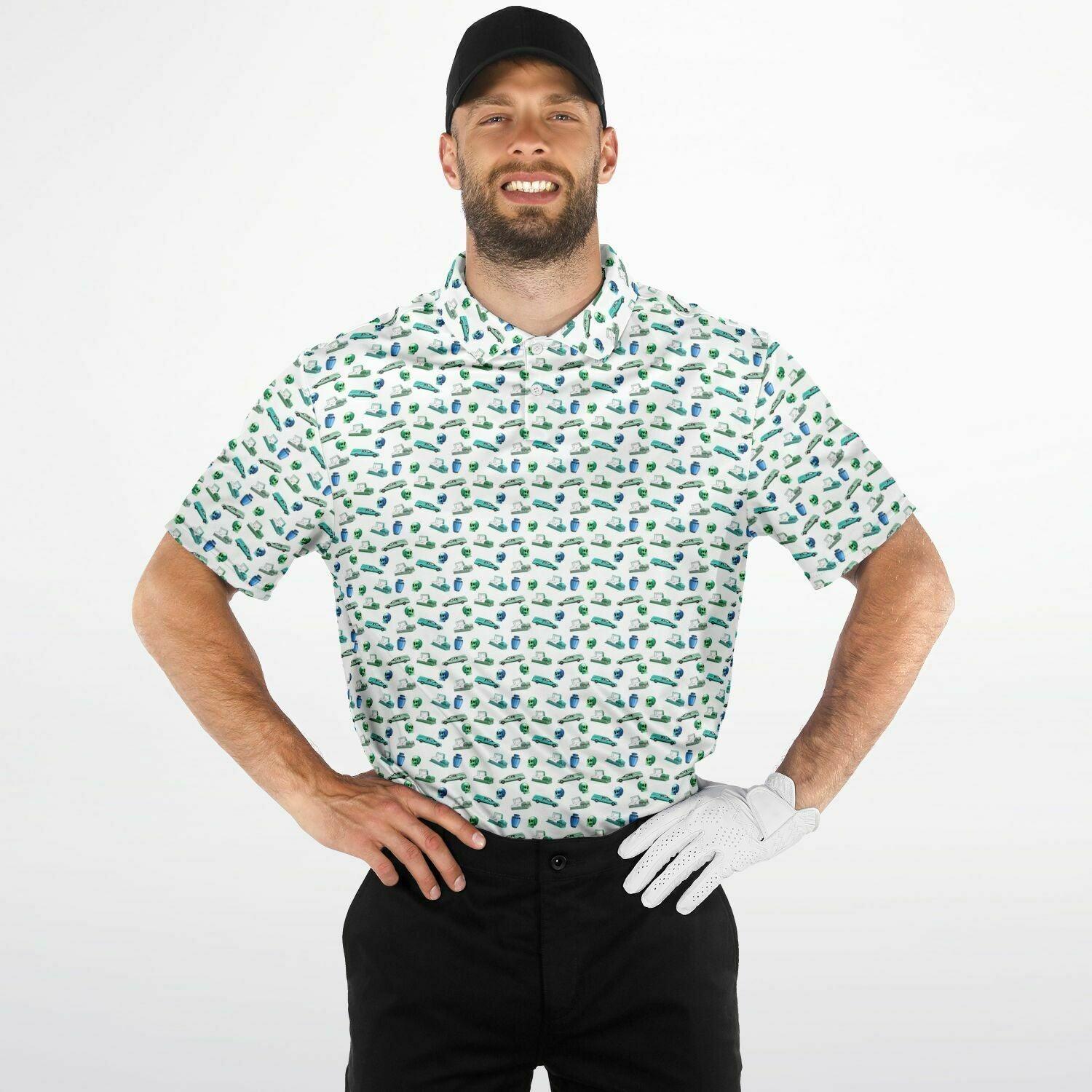 Front view man wearing tucked in white golf polo with green, casket, coffins, hearses, cremation urns, skulls, patterned on it.