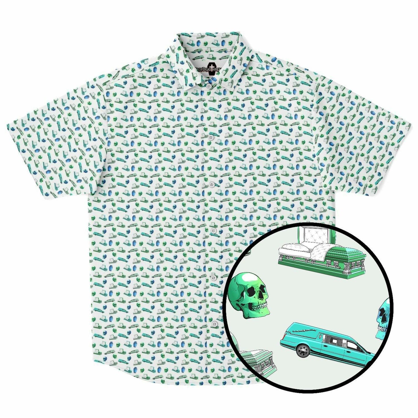 Hearse Coffin Skull Urn in Greens - Button Up Tee - Casket, Coffin, cremation, embalmer, Funeral, funeral directing, funeral director, mortician, skull, skulls, Urn Short Sleeve Button Down Shirt - AOP