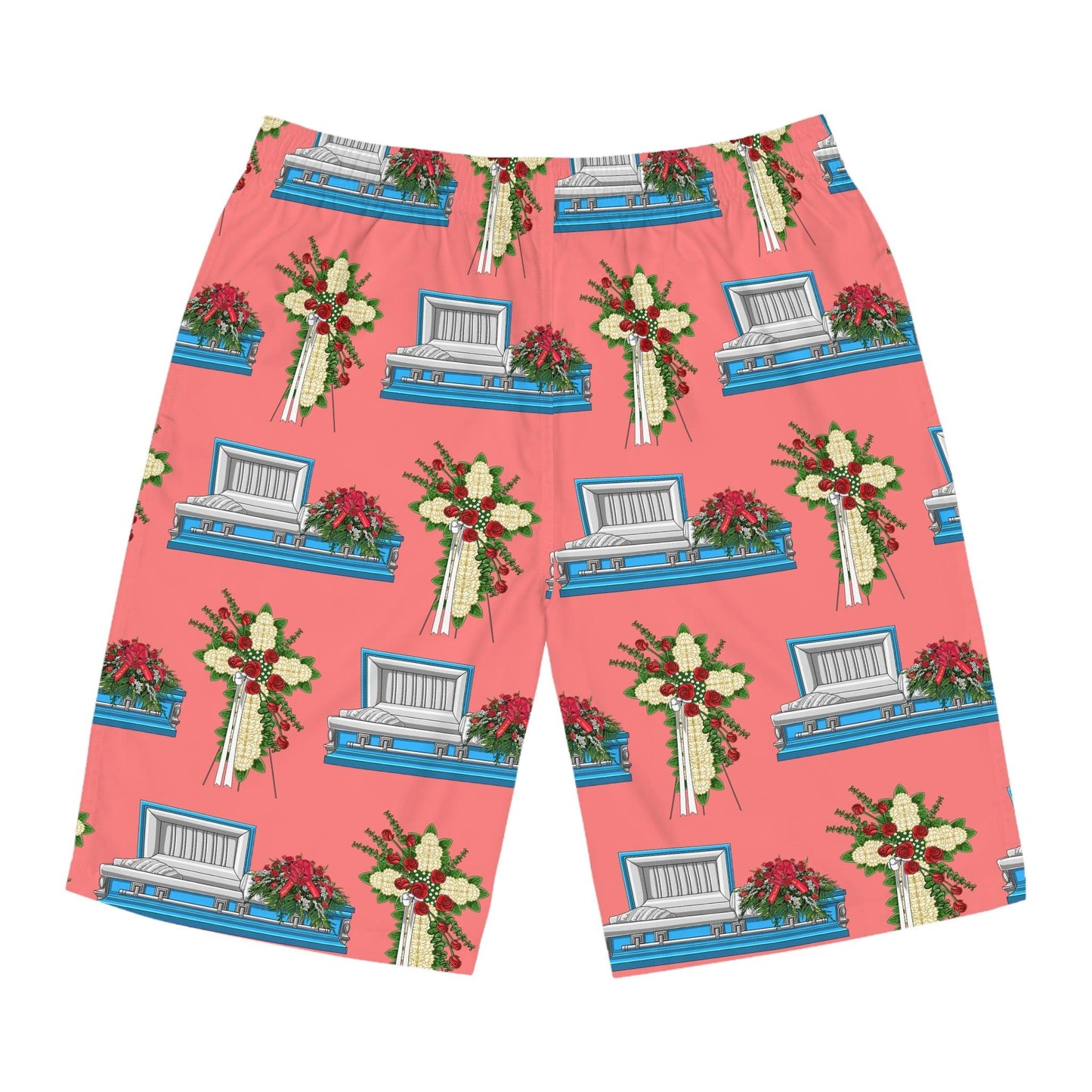 Light Blue Casket White Mum Easel on Light Coral - Board Shorts - All Over Print, AOP, AOP Clothing, Bottoms, casket, coffin, death positive, funeral director, funeral flowers, Men's Bottoms, Men's Clothing, mortician, Sports, Sportswear, Sublimation, Swimwear Board Shorts